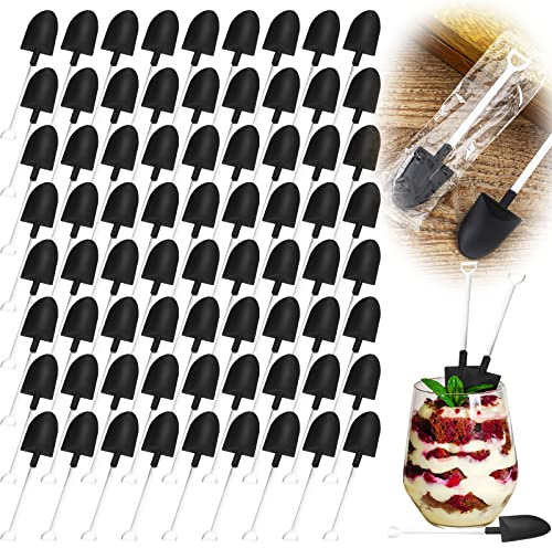 300 Pack Mini Shovel Spoons Disposable Plastic Ice Cream Desserts Spoon Shovel for Party Favors Small Black Shovel Shape Scoops for Pudding Yogurt Potted Cake