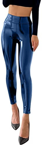 Minetom Leggins Donna A Vita Alta Elasticizzati Leggings in Pelle Stretch Skinny Ecopelle Sportivi Pantaloni per Fitness Yoga C Blu M