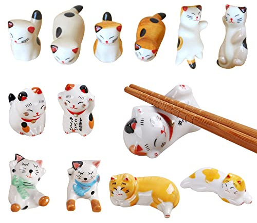 Biluer 12 Stücke Keramik Katze Stäbchenhalter,Katze Stäbchen Halter Essstäbchen Halter Keramik Stäbchen Rest Gabel Halter Keramik Dekoration Besteck Stand Für Hauptdekoration Geschenk