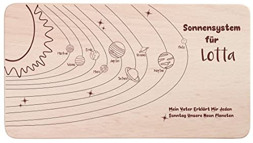 minimutz Holzbrettchen mit Name personalisiert | Graviertes Frühstücksbrett Sonnensystem Planeten zum Lernen | Brotzeitbrett als Lernbrettchen