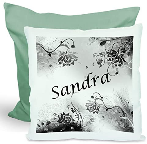 CreaDesign, Kinder Kissen 40x40 cm personalisiert mit Namen, Kinderzimmer Deko Kissen Kinder mit Füllung Federn, Motiv Blumen schwarz weiß, Rückenfarbe Grün