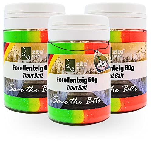 Zite Fishing Forellenteig-Set mit Knoblauch-Aroma 60g – Fängige Forellenpaste Schwimmend als Forellenköder Neuheiten – Trout Bait Teigköder in knalligen Neonfarben mit Glitter - 3 Stück Forellen Köder