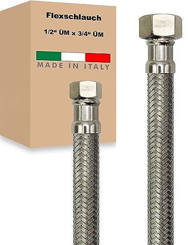 Flexschlauch ÜM x ÜM Edelstahl Panzerschlauch Anschlußschlauch Sanitär Armaturenschlauch Hauswasserwerk Made in Italy (1/2 x 3/4 - 1700 mm)