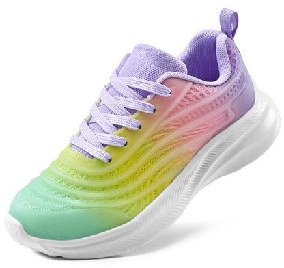 DREAM PAIRS gymnastikskor barn sportskor flickor pojkar sneakers inomhusskor ventilerande löparskor utomhus snörning tennisskor, Regnbåge lila, 28.5 EU