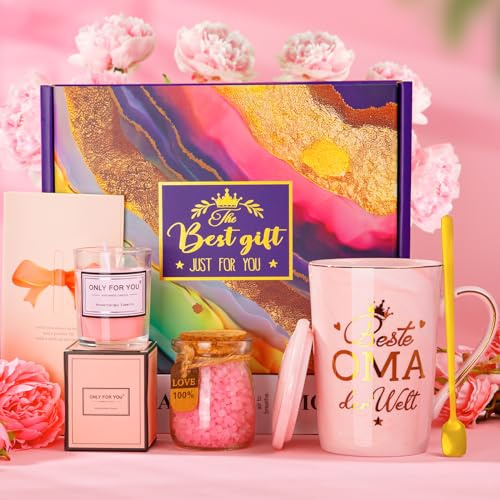 ALBISS Geschenk für Oma Geburtstag mit Keramiktasse, Duftkerze & Badesalz | 400ml rosa Marmor-Keramiktasse mit Duftkerze und Badesalz für entspannende Wellnessmomente. Ideal als Geburtstagsgeschenk