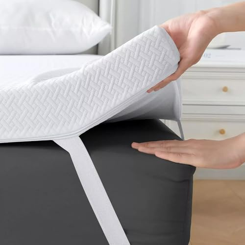 Feature Home │ 4 Inch Memory Foam Mattress Topper UK King Bed - 10cm Thickness for Back Pain Relief With Washable Bamboo Cover & Elastic Straps (King Size - 150x200cm)