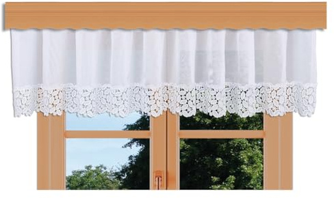 Querbehang Carmelita mit Vogtländischer Spitze in weiß | klassischer Dekobehang im Blätterdesign mit breiter Spitzenkante | wunderschöne Blumengardine handgefertigt | Volant Höhe x Breite 30 x 600 cm