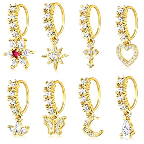 6ixGosh Dangle Nose Rings Hoop for Women Septum Nose Piercing Jewelry Cartilage Earring CZ Flower Leaf Star Butterfly Daith Tragus Helix Lip Piercing, Silver Gold Rose Gold