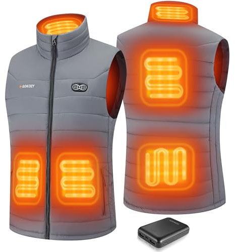 Gokozy Heated Jacket for Men with 10000Mah Battery Pack, Heated Gilet Lightweight Heated Jacket and Waterproof Vest for Hunting/Hiking-Grey