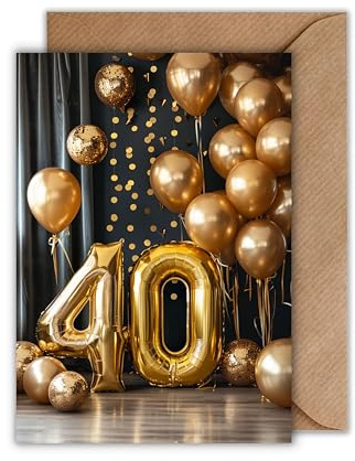 WBdesignz 40. Geburtstag Karte mit Umschlag - Elegante Geburtstagskarte zum 40ten Geburtstag “Happy Birthday Gold Ballons 40 (DIN A6)