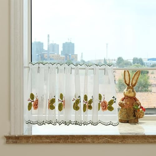 Kitchen Cafe Net Curtains - Small Half Tier Lace Tier Bistro Curtains, Rod Pocket Half Window Treatment for Home Decor (Width 230cm*Height 42cm)