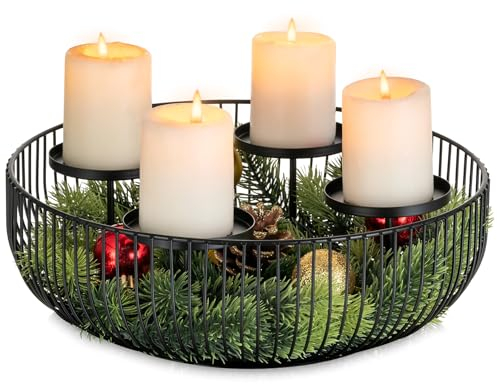 Sziqiqi Advent Wreath Modern Metal: Black Advent Arrangement Advent Candle Holder Bowl for 4 Pillar Candles - Round Advent Wreath for Advent Christmas Decoration