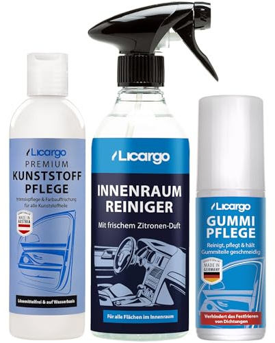 Licargo Auto Pflege Set Komplett – Innenraumreiniger (500ml), Gummipflege Stift (75ml) & Kunststoffpflege (250ml) – Porentiefe Reinigung und Pflege für Innenraum, Cockpit, Polster, Leder & Kunststoff