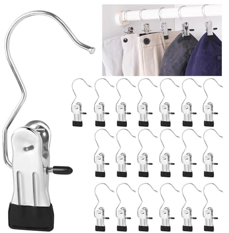 20 Stück Klemmhaken Edelstahl, rutschfest Wäsche Haken Stiefel Clips, 360° Drehbarer Klammerhaken, Metall Wäscheklammern für Handtücher, Hosen, Schuhe