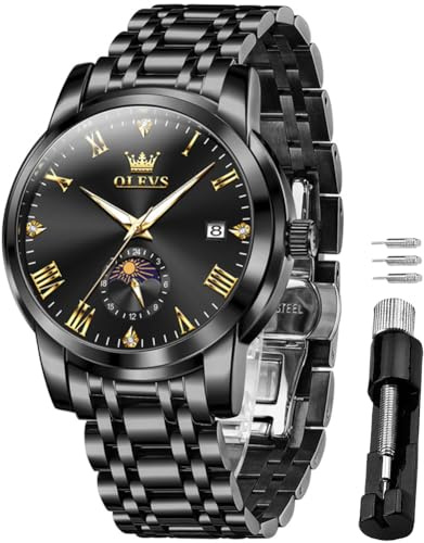 OLEVS Herrenuhren Analoge Quarzuhr Mondphasenkalender Geschäftsluxusuhr Edelstahl Wasserdicht 30M Leuchtendes Herrenarmbanduhren Geschenk