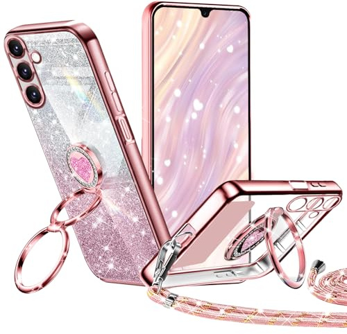 Tawarror Glitterfodral för Samsung Galaxy A15 med snodd, galvaniserat silikonfodral, med dubbelt anneau-stöd och justerbar praktisk stil flexibel stötsäker axelrem - roséguld