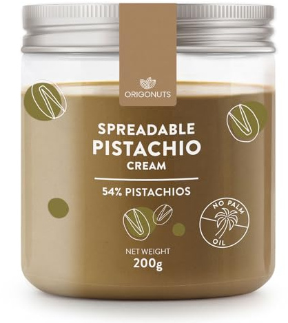 ORIGONUTS - Crema de pistacho - Pasta de pistacho - Azucarada, 54% de pistachos, sin aceite de palma ni colorantes - Para cremas, postres, untables, helados, chocolate Dubai - 200g