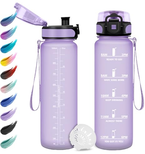 Trinkflasche Sport 1L, Auslaufsicher Wasserflasche Kohlensäure Geeignet, Trinkflasche mit Zeitmarkierung, Wasserflasche mit Filter, Sportflasche für Oudoor, Sprudel Camping, Fahrrad, Fitness