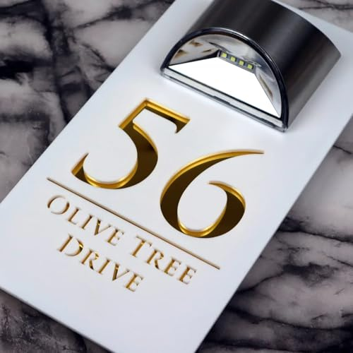 Letrero solar personalizado con número de casa con luz solar cortada con láser, número de puerta, dirección de calle, placa LED moderna para casa (texto en blanco), 15 x 25 cm