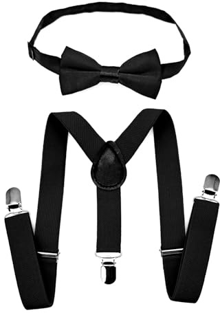 JZK Set di papillon e bretelle per bambini neri sotto i 135 cm, bretelle regolabili a forma di Y con papillon per bambini piccoli ragazzi per matrimoni, feste, costumi