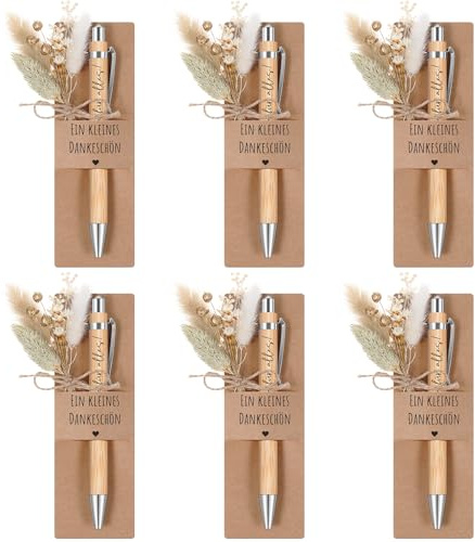 Hestya 6 Set Ein Kleines Dankeschön Kugelschreiber mit Gravur Geschenke | 6 Holz Kugelschreiber, 6 Echtem Trockenblumenstrau, 6 Stifthalter aus Papier, Abschiedsgeschenk, für Lehrerin Kollegen