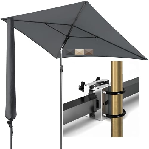 Menz Sonnenschirm Balkon - 3-IN-1 Sonnenschutz Balkon SET in Anthrazit, UPF 50+ Sonnenschirm rechteckig 200 x 125cm + Metall Sonnenschirmhalter Balkongeländer + Sonnenschirmhülle