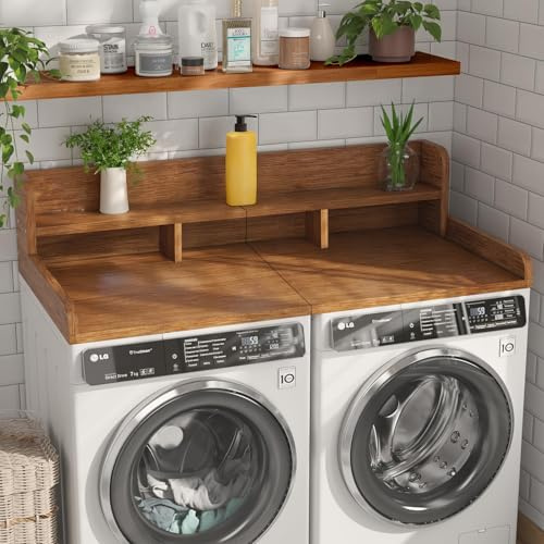 54 X 27.5 Washer and Dryer Countertop, Adjustable Laundry Countertop with Shelf, Extra Dividers, Folding Clothes Station, Over Machine Storage for Detergents & Essentials (Walnut)