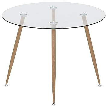 MOG CASA Mesa de Comedor Fija Redonda Corin | 100 x 100 x 75 cm | Ideal para Cocina o Salón | Ideal para 3 a 4 Personas | Tablero de Cristal Transparente | Patas Metálicas en Imitación Madera