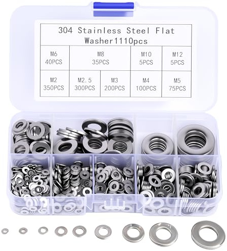 Arandelas Planas de Acero Inoxidable, 1110 Piezas Arandelas para Bisagras de Puertas para Tornillos, Pernos, Sujetadores, 9 Tamaños, M2 M2.5 M3 M4 M5 M6 M8 M10 M12