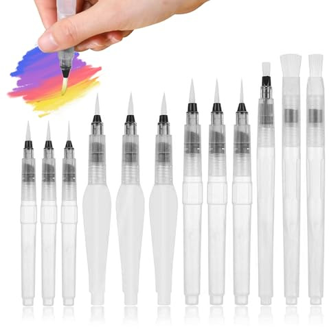 Refillable Watercolour Brush Pens Set - 12 Pack Assorted Tips Water Brush Pen for Watercolor Painting, Lettering, Blending - Reusable Watercolour Pen Art Supplies for Artists and Beginners