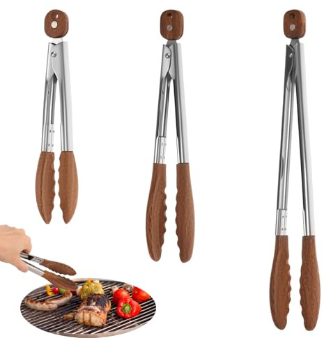 Kuanght Kitchen Wooden Tongs for Cooking Set of 3 (9,12,15) Portable Multifunctional Kitchen Tongs for Grilling Serving BBQ and Tossing Salad, Made of Wood and Stainless Steel, Heat Resistant