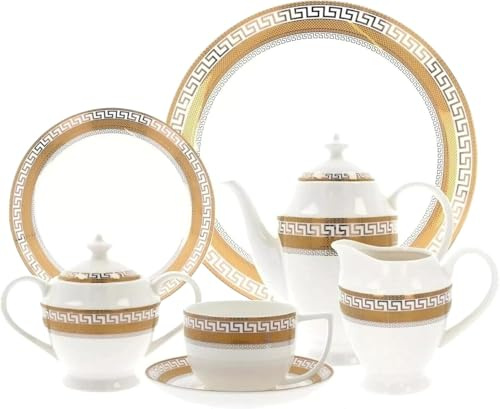 Royal 24 Piece Bone China Tea Set for 6 – Gold Greek Key Design Cups and Saucers Set, Includes Teapot, Cups, Saucers, Dessert Plates, Sugar Pot & Creamer – Perfect for Afternoon Tea & Coffee
