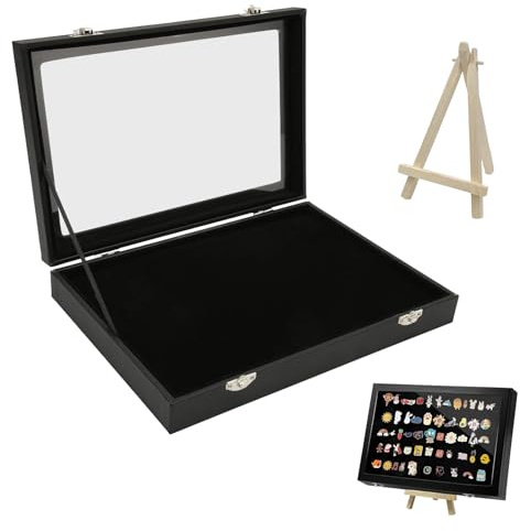 Vetrina per Spille, 35 x 24 x 5 cm Espositore per Badge con Supporto in Legno, Vetrina per Collezionismo Spilla in Legno con Finestra Trasparente, per Medaglie, Badge, Nastri, Spille e Gioielli(Nero)