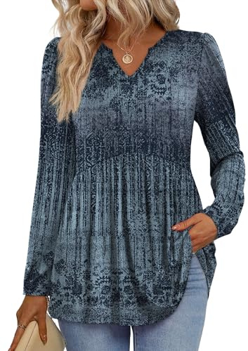 Long Sleeve Shirts for Women V Neck Dressy Casual Blouses Trendy Boho Tops Fall Fashion Winter Clothing Ethnic Blue M