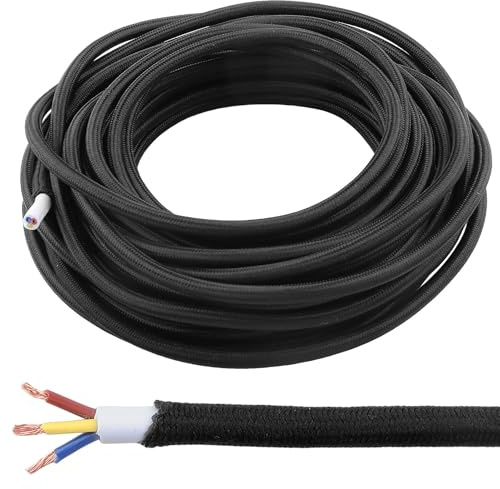 LongZYU Câble Textile pour Luminaires, 10M Fil Electrique 3x0,75 mm², Noir | Cable Electrique, Câbles Textile Vintage, Câble pour Lustre, Convient aux Suspensions et aux Projets de Bricolage