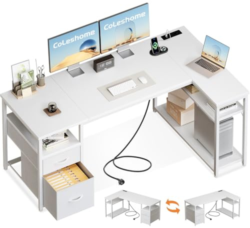 Coleshome Hörnskrivbord med 2 Tygbyrålådor,160x80cm, Vit | Reversibelt Skrivbord i L-form med Hylla, Hörnskrivbord med Uttag och USB-portar för Hemmakontor och Spel