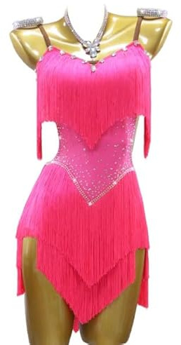 JRUIA Suspenders Latin Dresses for Women Backless Ballroom Performance Dancewear Fringe Salsa Cha Cha Dance Costumes,C,L