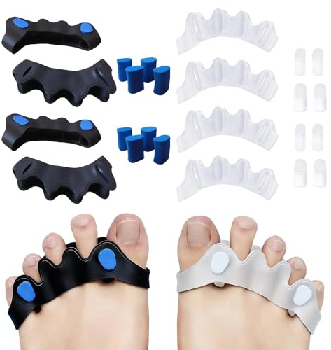 2 Paires Ecarteur Orteil,Unisexe Separateur Orteil,Silicone Toe Spacer,Avec 8 Coussinets En Éponge,Pour Hallux Valgus,Oignons Et Correction Des Orteils (Noir,Transparent)