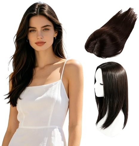 JININOSEU Haar Toppers für Frauen, Haartopper Haarteile Oberkopf Topper Damen, Mittelscheitel Clip in Haarteile Kunsthaar Ohne Pony für Dünnes Haar, 35cm Braun-schwarz