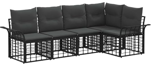 Qnhdfrt Outdoor-Sofaset 5-Teilig, Modulare Sitzgruppe für Garten und Terrasse, Lounge-Set aus Poly-Rattan mit Stahlrahmen, Inkl. Bequemen Polstern, Schwarz und Dunkelgrau
