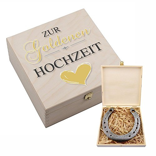 4youDesign Echtes Hufeisen in Holz-Geschenkschachtel 50. Jahre goldenes Herz – 2 Hufeisennägel zum befestigen – Geschenk für Eltern, zum Jubiläum – Glücksbringer zur Goldhochzeit - 17x17x3,5cm
