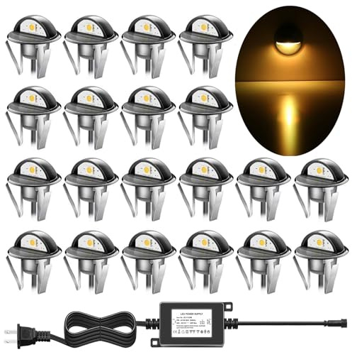 QACA 20pcs Recessed LED Deck Lighting Kits DC12V Low Voltage F1.38 Waterproof IP 67,in Ground Lights for Steps,Stair,Patio,Floor,Pool Deck,Kitchen,Outdoor Landscape Lighting Warm White