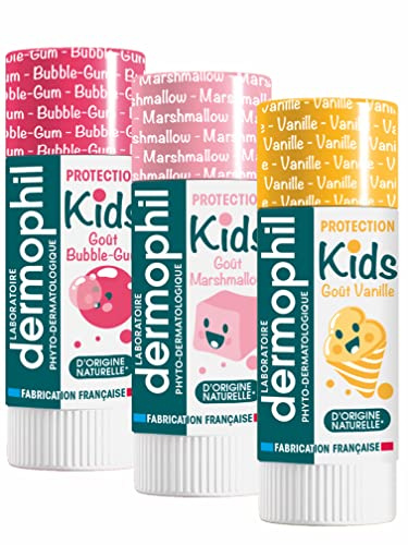 Dermophil Dermokid's Stick lèvres - Nouveaux Parfums- VANILLE * MARSHMALLOW * BUBBLE GUM - 3 sticks de 4g
