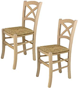 t m c s Tommychairs - Set 2 chaises Cross pour Cuisine, Bar et Salle à Manger, Robuste Structure en Bois de hêtre Poli, Non traité, 100% Naturel et Assise en Paille