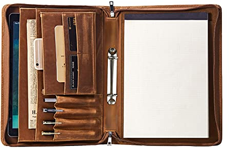 FREIE NAME GRAVIERT | 2 Ring Binder Konferenzmappe a4, Personalisiert Ringbuchmappe a4, Arbeitsmappe Leder, Schreibmappe mit Reissverschluss, Business Organizer Mappe, Customized | Braun