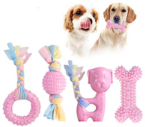 JYPS Puppy Chew Toys, 4-TLG Spielzeugset zum Zahnen von Hunden mit Ball und Baumwollseilen, Aggressives Kauspielzeug Interaktives Tierspielzeug, Geschenkrosa für 8 Wochen Kleine und mittelgroße Hunde
