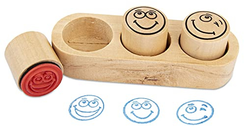 TRENDHAUS 952509 - Lehrerstempel Set Smiley, 3 Stempel aus Holz, ca. 4 x 10 x 4 cm, Motivationsstempel für Kinder, Lehrer und Erzieher, inkl. Holzblock zur Aufbewahrung