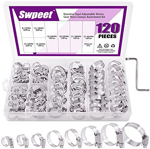 Swpeet Assortiment de 121 colliers de serrage de 8 à 44 mm de tailles assorties avec kit de clé à molette, 100 % acier inoxydable 304, collier de serrage parfait pour la plomberie, l'automobile