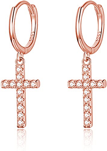 925 Sterling Silber Creolen mit Anhänger 14K Vergoldet I Ohrringe für Damen, Mädchen und Frauen I Kreolen hängend mit Steinen und Kreuz