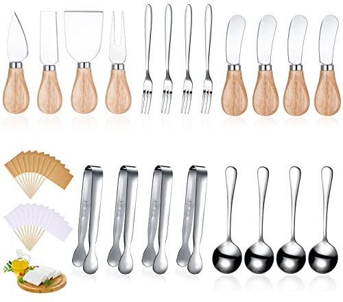 Charcuterie Board Accessories Spreader Knife Set Cheese Butter Spreader Knife Charcuterie Utensils with Wooden Handles Mini Serving Tongs Spoons Forks for party Wedding Christmas (Silver, 20 Pieces)